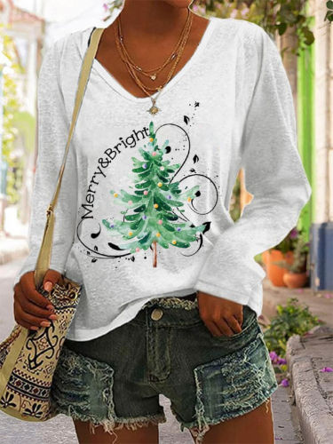 Merry And Bright Christmas Tree Print T Shirt