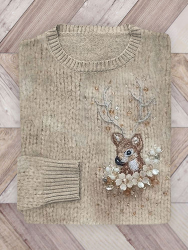Christmas Reindeer Floral Beaded Embroidery Art Knit Sweater