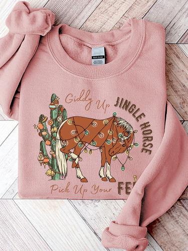 Giddy Up Jingle Horse Pick Up Your Feet Cactus Print Vintage Western Christmas Cozy Sweatshirt