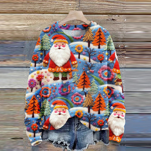 Christmas Santa Seamless Pattern Knit Pullover Sweater