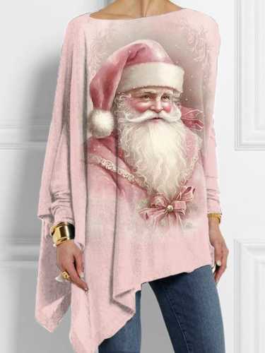 Women's Pink Santa Claus Print Christmas Casual Irregular Top