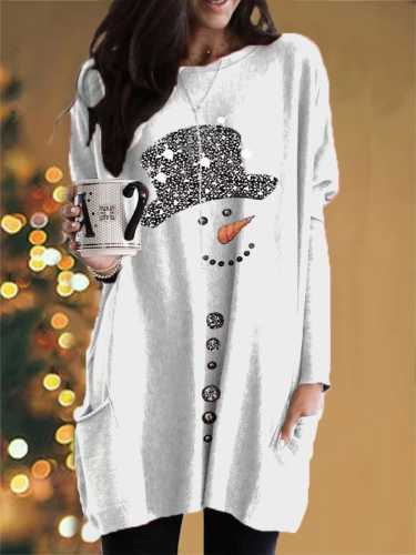 Women's Christmas Snowman Print Pocket Long T-Shirt