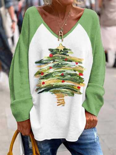 Women's Watercolor Christmas Tree Print Casual V-Neck Top