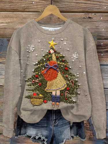 Women's Little Girl Decorated Christmas Tree Printed Sweatshirt