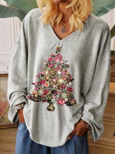Women's Shiny Pink Vintage Christmas Tree Graphic Casual Long-Sleeve T-Shirt