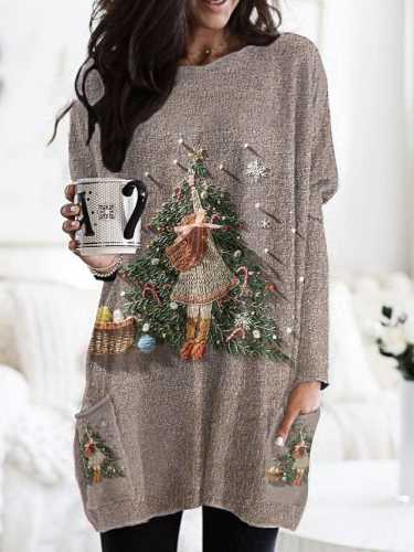 Women's Little Girl Decorated Christmas Tree Print Top Dress