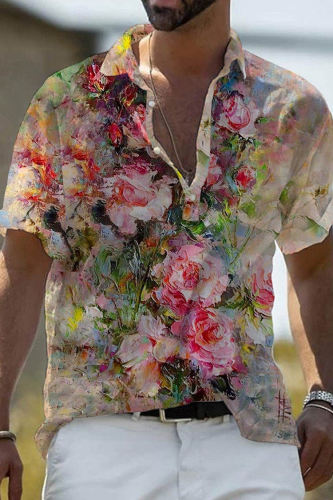 Men's Flower Holiday Style Henry Collar Short Sleeve Shirt