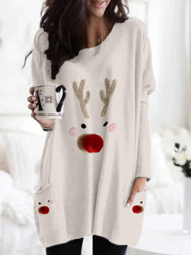 Cute Christmas Reindeer Faces Embroidered Comfy Tunic