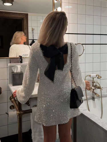 Merry Christmas Sales-50% OFF-XMAS Sequined Tie Back Midi Dress In White