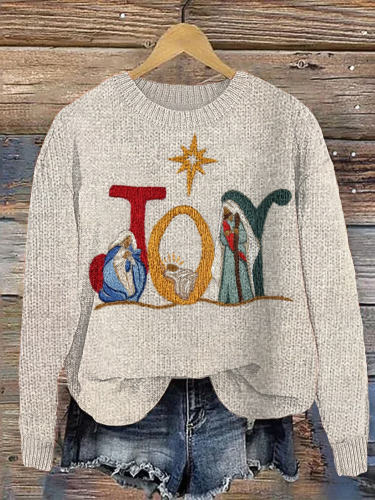 Christmas Nativity Embroidery Art Casual Cozy Knit Sweater