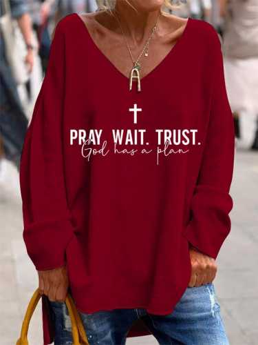 Women's Pray Wait. Trust. God Has a Plan V-neck cashmere T-shirt
