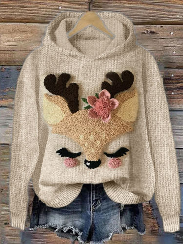 Lovely Reindeer with Flower 3D Art Knit Hoodie