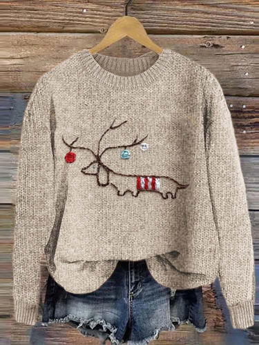 Christmas Dachshund Round Neck Casual Sweater