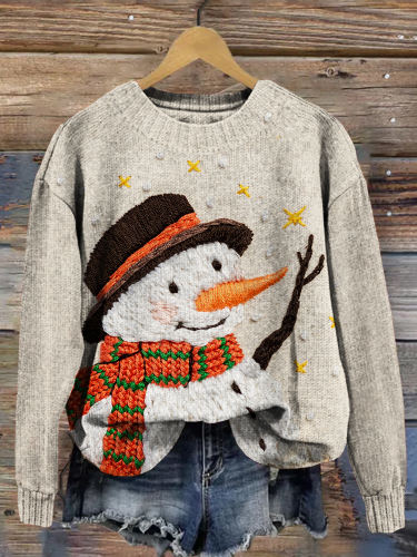 Cute Snowman Embroidery Art Crew Neck Comfy Sweater