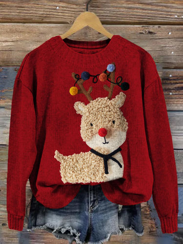 Cute Christmas Reindeer Embroidered Cozy Sweater