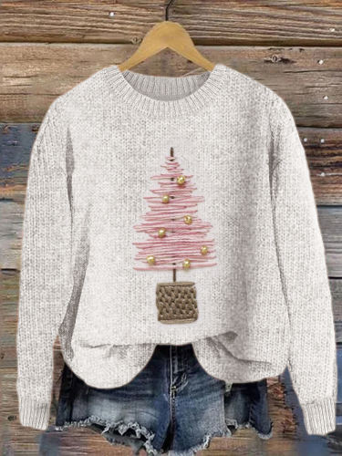 Pink Christmas Tree Embroidery Cozy Knit Sweater