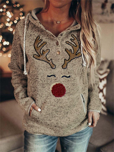 Christmas Reindeer Face Embroidery Art Button Up Hoodie