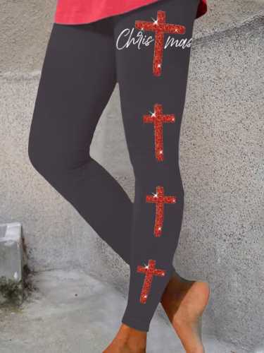 Retro Christmas Faith Cross Print Leggings