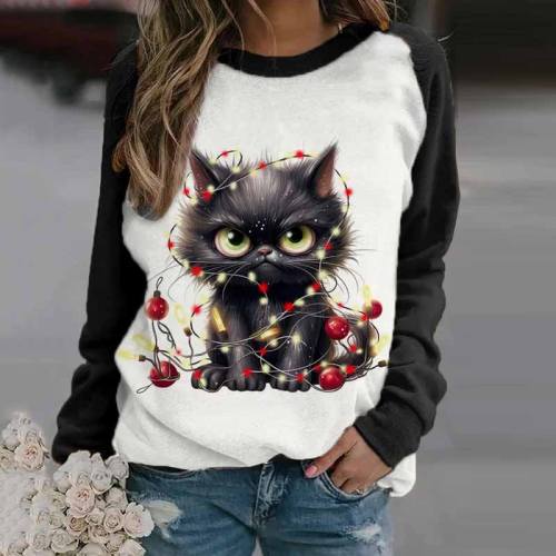 Women's Winter Black Cat Christmas Print Casual Sweatshirt