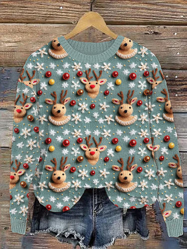 Christmas Reindeer Embroidery Art Casual Cozy Knit Sweater