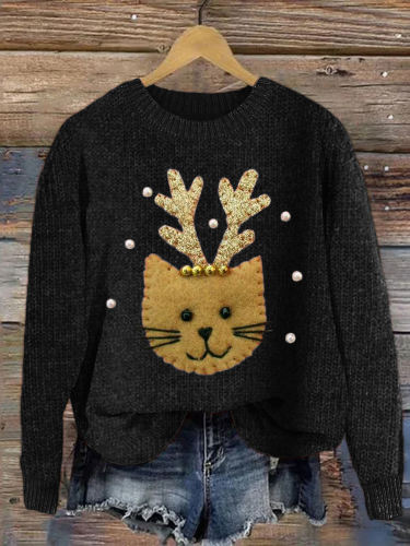 Christmas Reindeer Cat Patch Cozy Knit Sweater