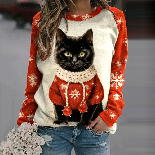 Winter Funny Cute Clipart Cat Printed Sweatshirt