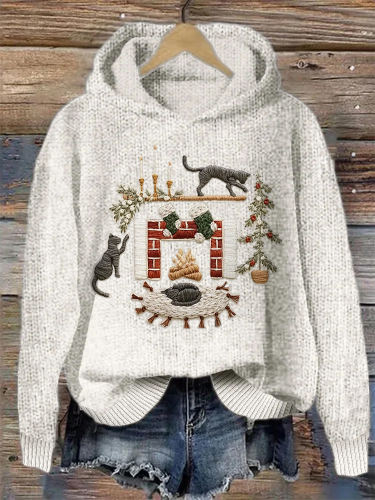 Cat Christmas Fireplace Embroidery Art Casual Cozy Knit Hoodie