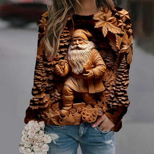Wood Carving Santa Claus Print Crew Neck Sweatshirt
