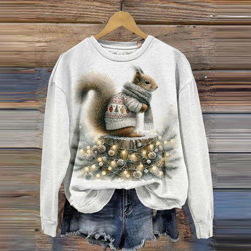 Cute Christmas Squirrel Christmas Tree Art Design Print Casual Sweatshirt