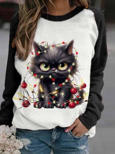 Women's Winter Black Cat Christmas Print Casual Sweatshirt
