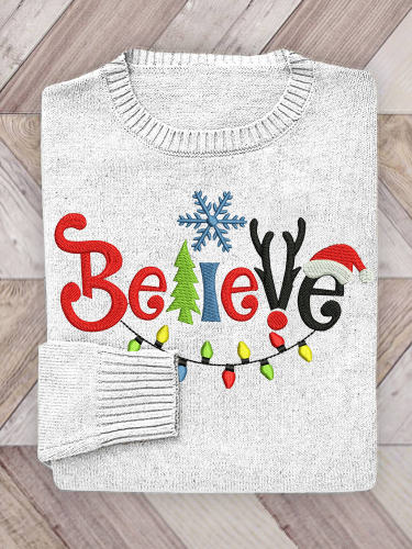 Christmas Believe Embroidery Artistic Casual Cozy Knit Sweater