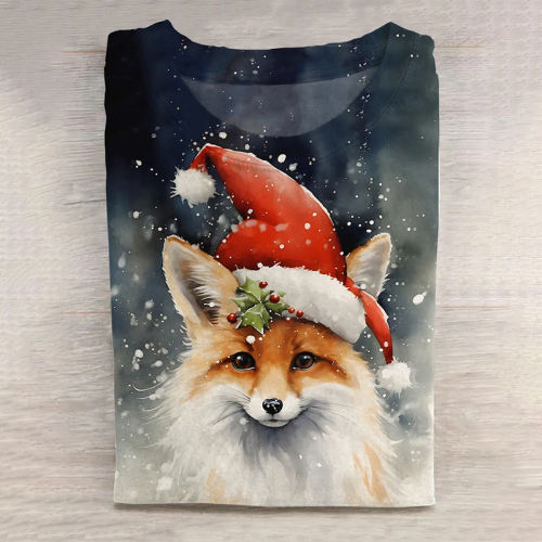 Christmas Hat Cute Fox Print T-shirt