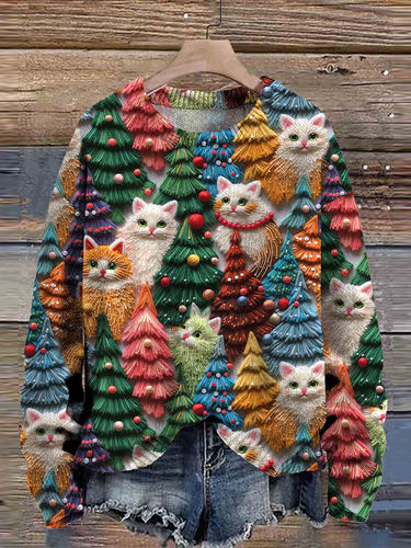 Christmas Cat Print Knitted Sweater