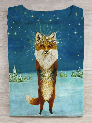 Christmas Star Collector Fox Holiday Winter Print T-shirt