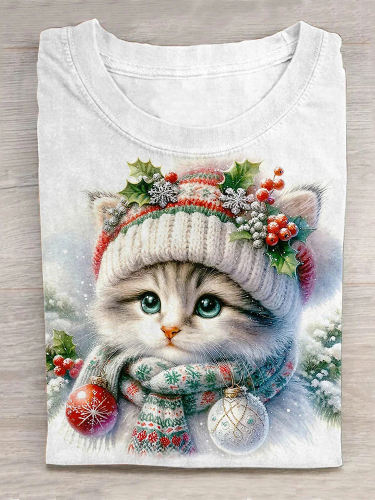 Cute Christma Cat Art Print Design T-shirt