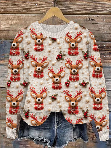 Cute Retro Reindeer Christmas Casual Cozy Knit Sweater