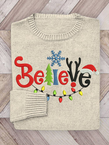 Christmas Believe Embroidery Artistic Casual Cozy Knit Sweater