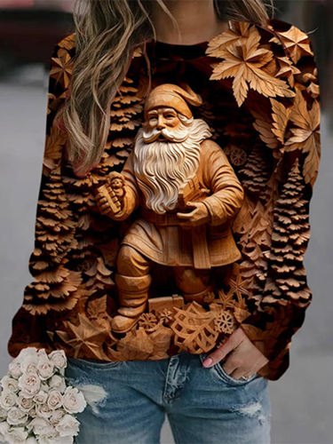 Wood Carving Santa Claus Print Crew Neck Sweatshirt