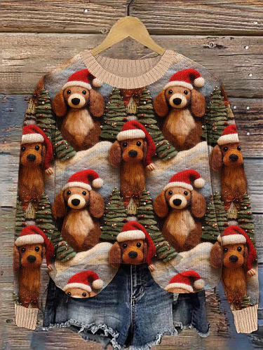 Christmas Dogs Felt Art Print Casual Cozy Knit Sweater