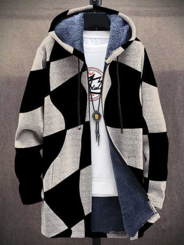 Unisex Simple Black Khaki Color Block Stitching Print Plush Thick Long-Sleeved Sweater Coat Cardigan