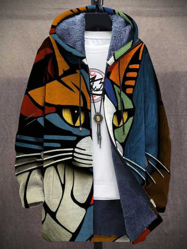 Unisex Abstract Art Cat Print Plush Thick Long-Sleeved Sweater Coat Cardigan