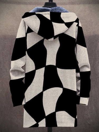 Unisex Simple Black Khaki Color Block Stitching Print Plush Thick Long-Sleeved Sweater Coat Cardigan