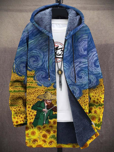 Unisex Retro Van Gogh Sunflower Art Pattern Plush Thick Long-Sleeved Sweater Coat Cardigan