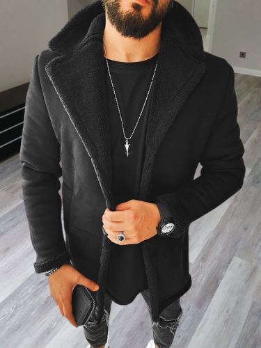 Solid Black Thicken Long-sleeved Suede Coat