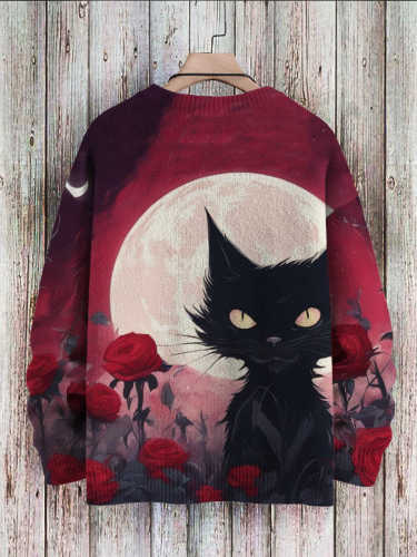 Halloween Black Cat Rose Art Print Pullover Sweater