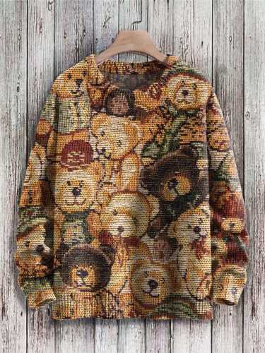 Vintage Cute Bears Art Print Casual Knit Pullover Sweater