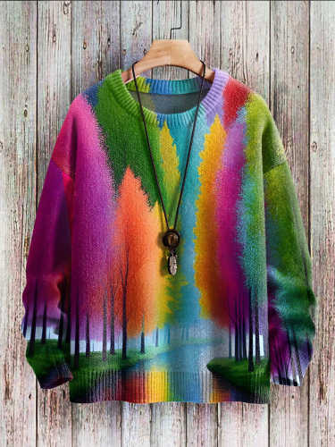 Multicolor Tree Art Print Casual Knit Pullover Sweater