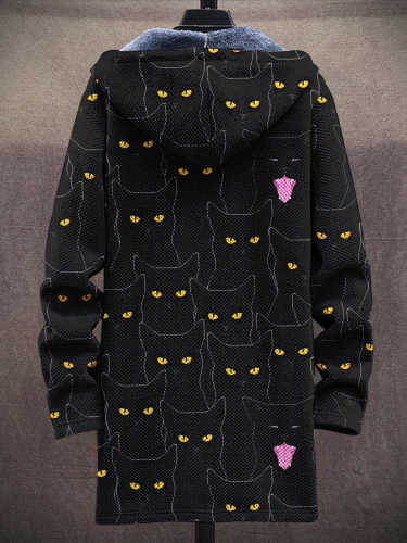 Men's Art Black Cat Gradient Plush Thick Long-Sleeved Sweater Coat Cardigan