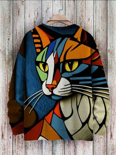 Abstract Art Cat Multicolor Print Casual Pullover Knit Sweater