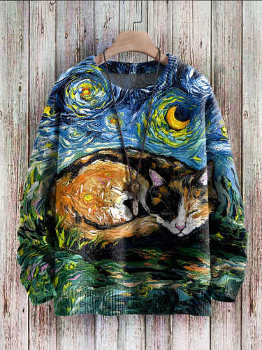 Cute Cat Starry Sky Art Print Casual Knit Pullover Sweater
